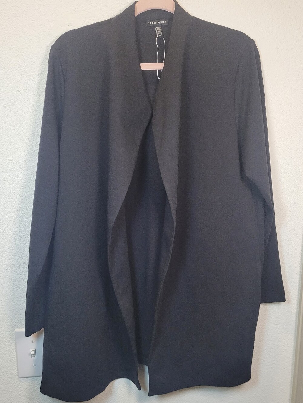 Eileen Fisher Black Open Front Long Duster Cardigan Jacket Large Office Capsule